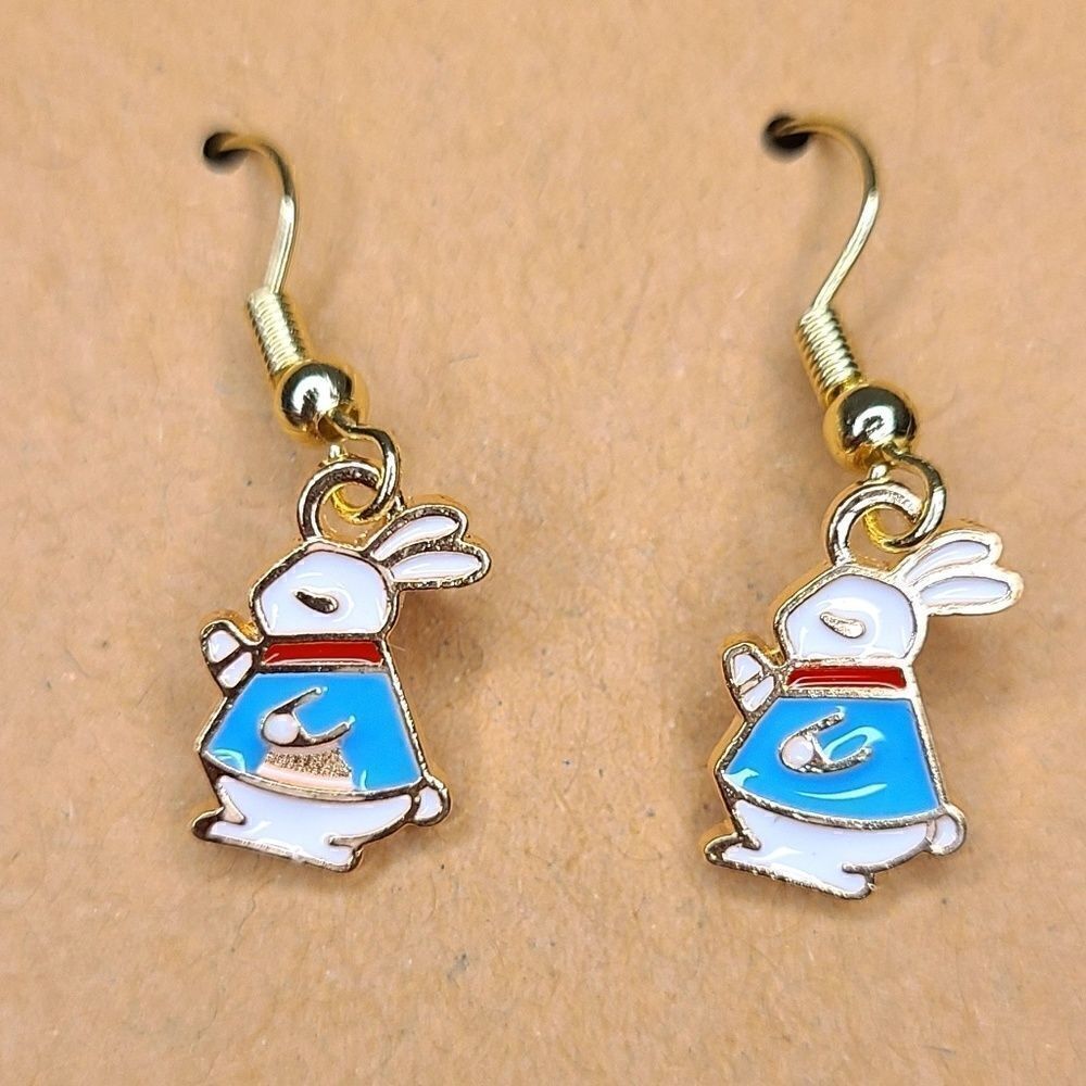 New Hand Crafted Cute White Bunny Rabbit Hook Earrings 14K Gold Plated